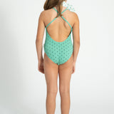Girl Ribbed Swimsuit with Ruffle in Heart Print – Green