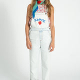 dungarees | washed light blue denim w/ "peace" print