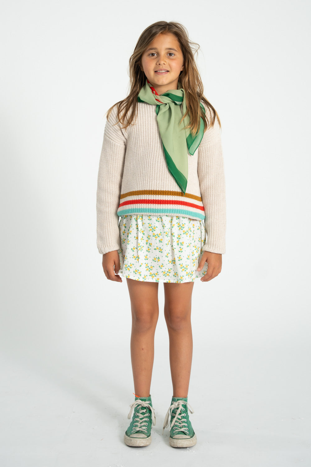 Unisex ecru knitted sweater with multicolor stripes