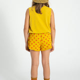 shorts w/ fringes | mustard w/ red hearts allover