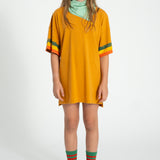 t-shirt dress | camel w/ multicolor stripes