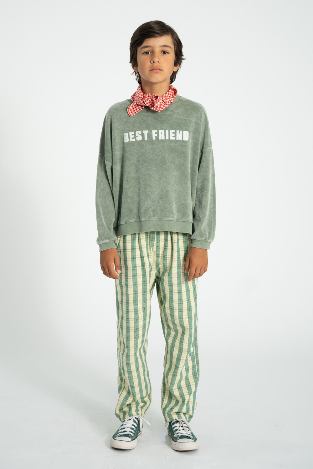Unisex washed green terry sweatshirt with “best friend” print