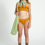Girl Camel Bikini with Black Hearts & Ruffles | Swimwear