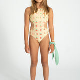 Girl Yellow with Cherry Print Trikini with Cut-Outs | Swimwear