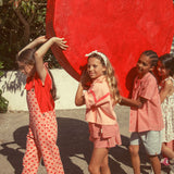 dungarees | pink w/ red hearts allover