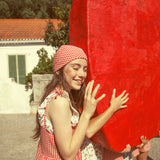 sleeveless blouse | ecru w/ red flowers allover