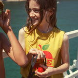 sleeveless top | mustard w/ apple print