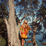 t-shirt dress | camel w/ multicolor stripes