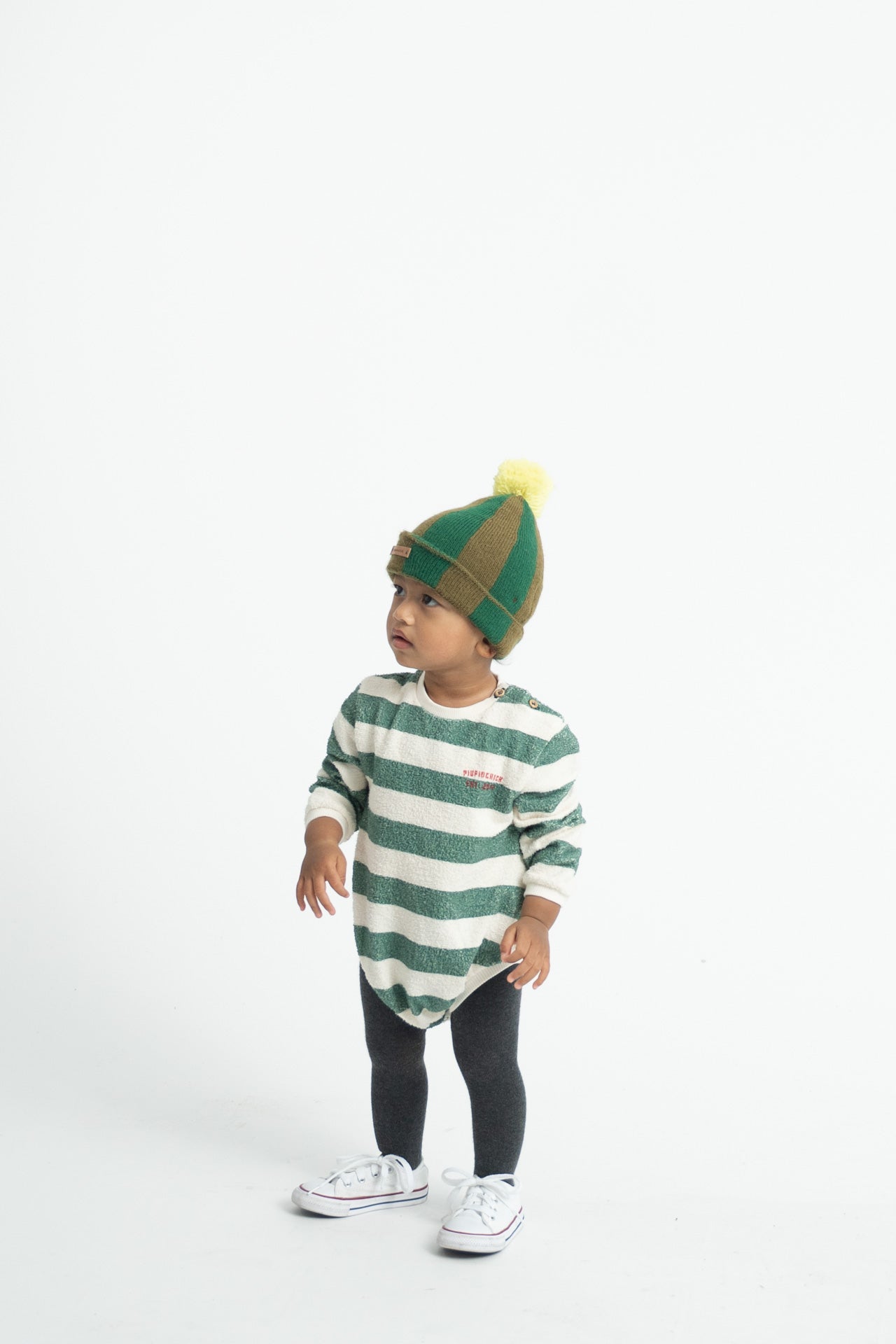 Baby Long Sleeve Romper Ecru & Green with Stripes