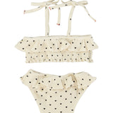 Girl ecru bikini with black hearts and ruffles