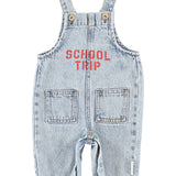 Baby Dungarees Fadded Light Blue Denim with "school Trip" Print