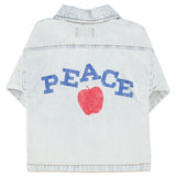 jacket | washed light blue denim w/ "peace" print