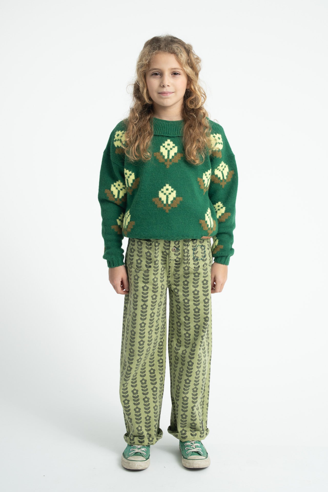 Jacquard Sweater Green with Flowers