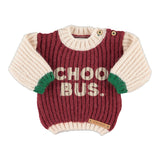 Baby Knitted Sweater Bordeaux & Ecru with "school Bus" Print