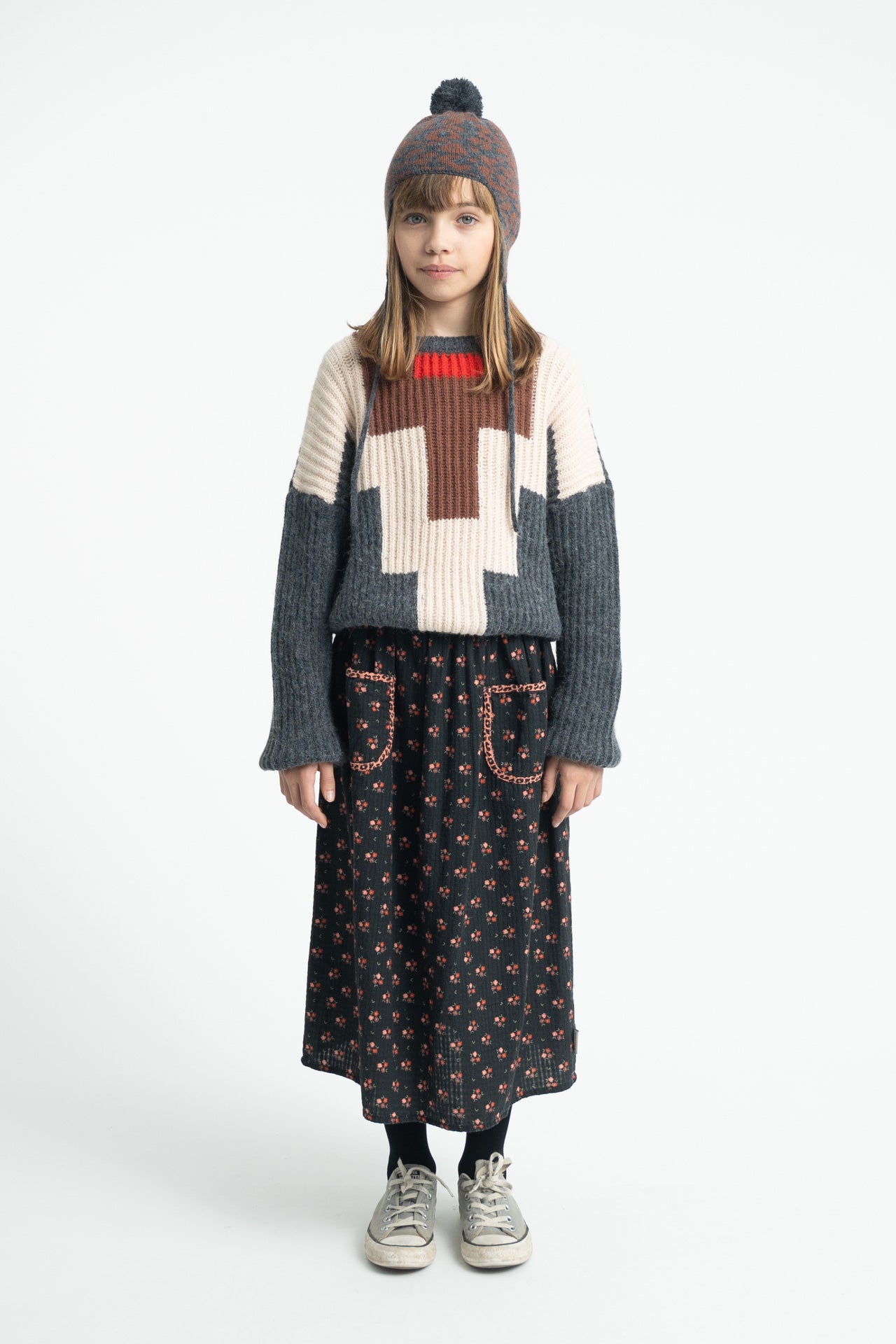 Knitted Sweater Dark Grey with Multicolor Geometric