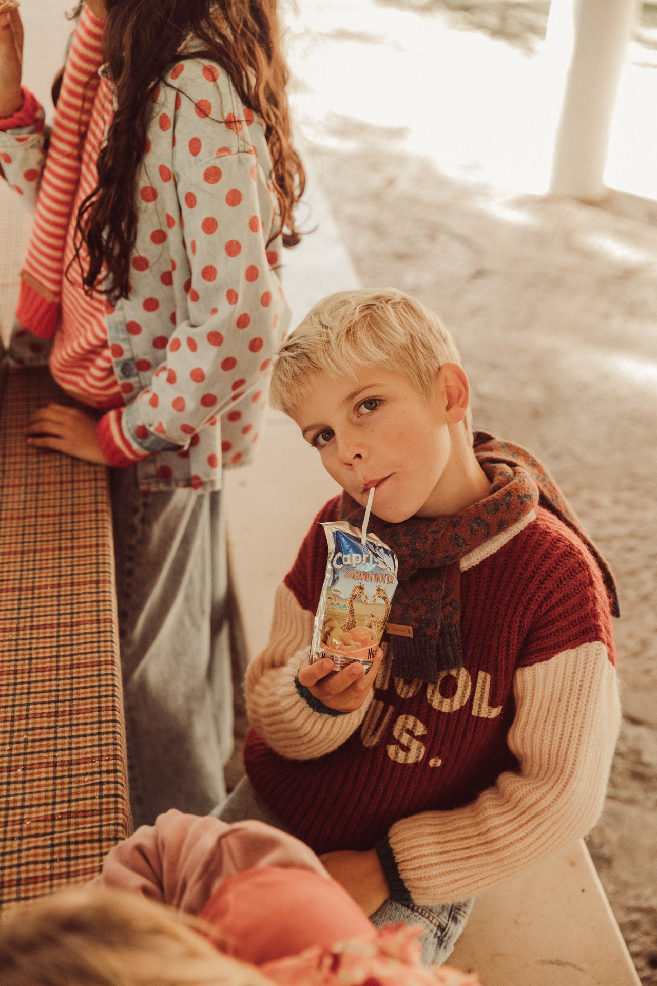 Knitted Sweater Bordeaux & Ecru with "school Bus" Print