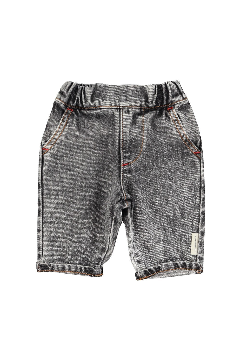 Piupiuchick baby washed black denim shorts with elastic waist and side pockets, made from 100% cotton.