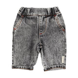 Piupiuchick baby washed black denim shorts with elastic waist and side pockets, made from 100% cotton.