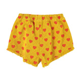 shorts w/ fringes | mustard w/ red hearts allover