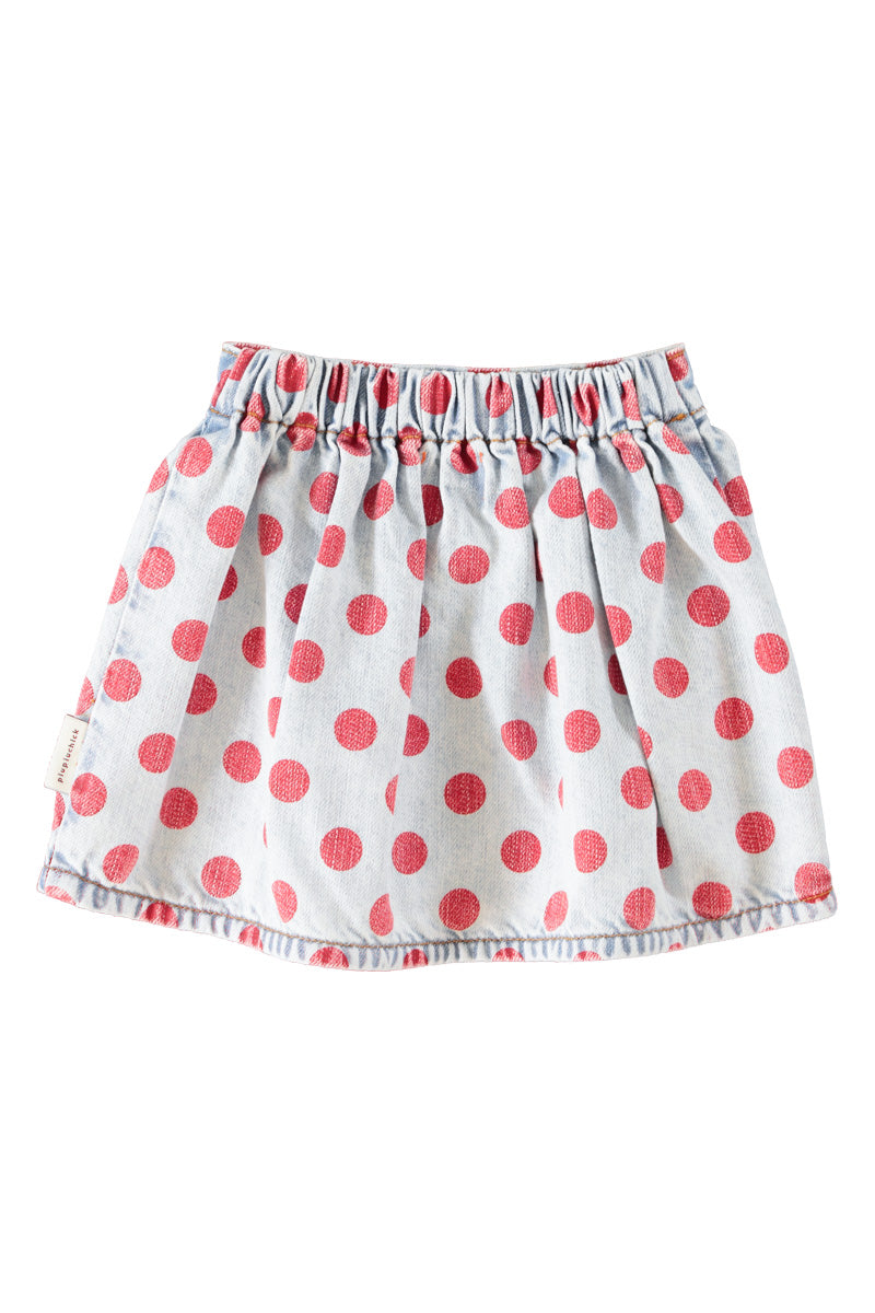 Short Skirt Light Blue Denim with Red Dots