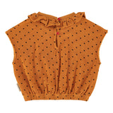 sleeveless top w/collar | camel w/ black hearts allover