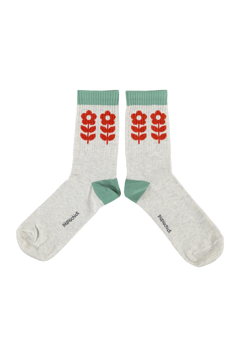 Socks Light Grey with Red Flowers