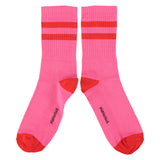 Pink socks with red stripes