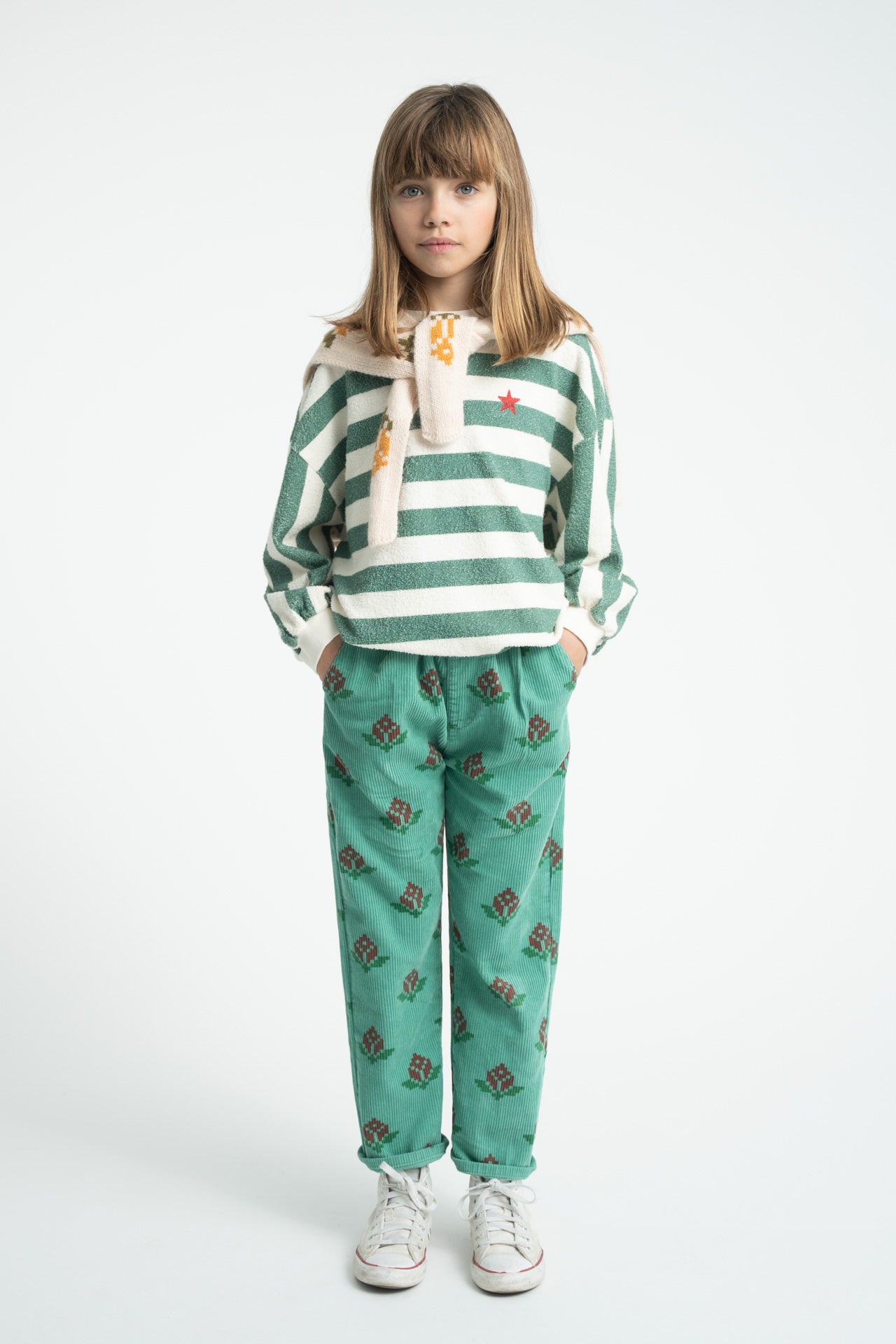 Sweatshirt Ecru & Green Stripes with "piupiuchick" Print