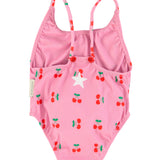 Girl Ribbed Swimsuit with Crossed Straps in Cherry Print – Pink