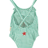 Girl Swimsuit with Ruffle in Check Print – Green
