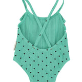 Girl Ribbed Swimsuit with Ruffle in Heart Print – Green