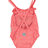 Girl Swimsuit with Ruffle in Check Print – Red