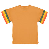 t-shirt dress | camel w/ multicolor stripes