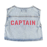 Waistcoat Fadded Light Blue Denim with "captain" Print